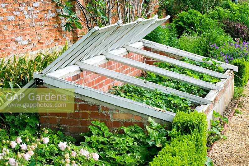 Jardin potager clos avec châssis froids ouverts - Cerney House Gardens, Gloucestershire