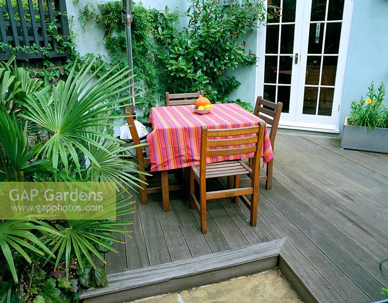 Petit jardin de ville avec terrasse en bois, dallage, table et chaises et Trachycarpus fortunei