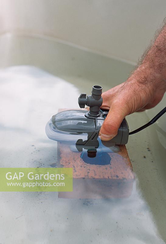 Installation d'une pompe de bassin. Étape 6. Remplissez l'étang avec juste assez d'eau avant d'abaisser la pompe en position dans l'étang. Si vous abaissez lentement la pompe, cela permettra à toute bulle d'air formée de s'en échapper