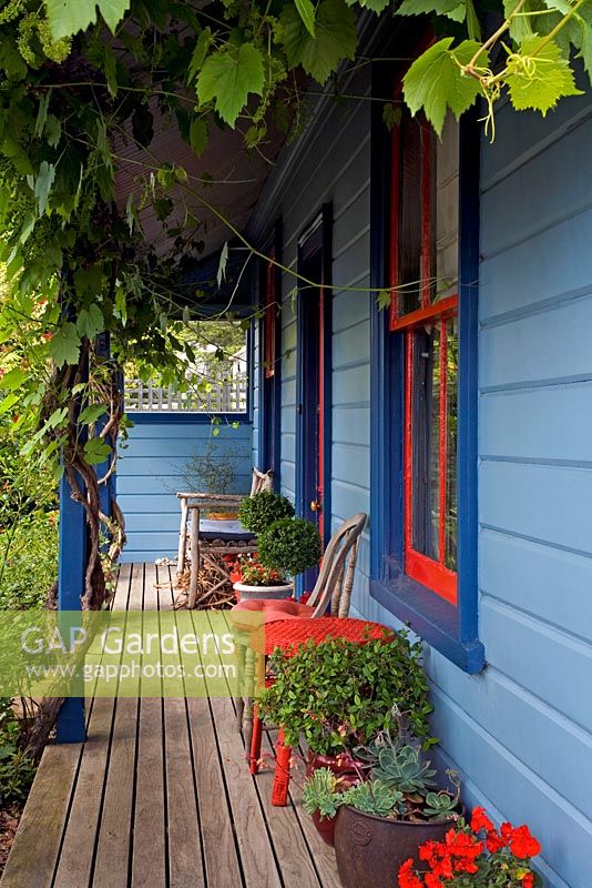 Cottage peint en bleu coloré avec des pots sur la véranda. 11, Christchurch, Nouvelle-Zélande