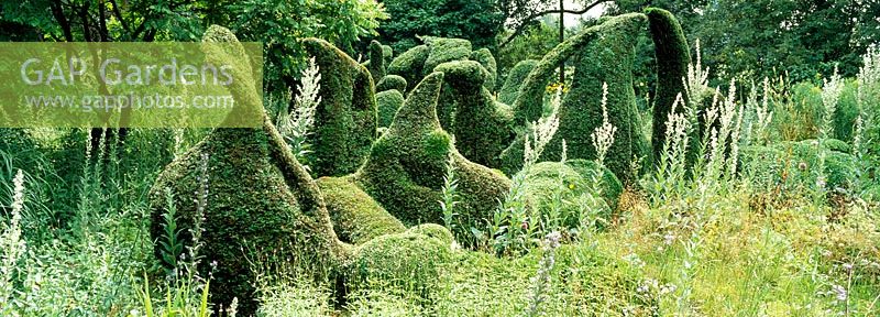 Taxus sculptural - If et Buxus - Coffret topiaire inspiré par Henry Moore avec une plantation vivace naturaliste à Priona conçue par Henk Gerritsen, Pays-Bas