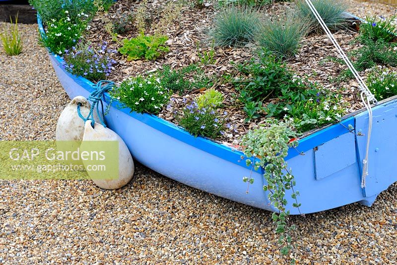 Jardin à thème nautique avec des bateaux plantés de plantes vivaces et d'herbes, Norfolk, Angleterre, juin,