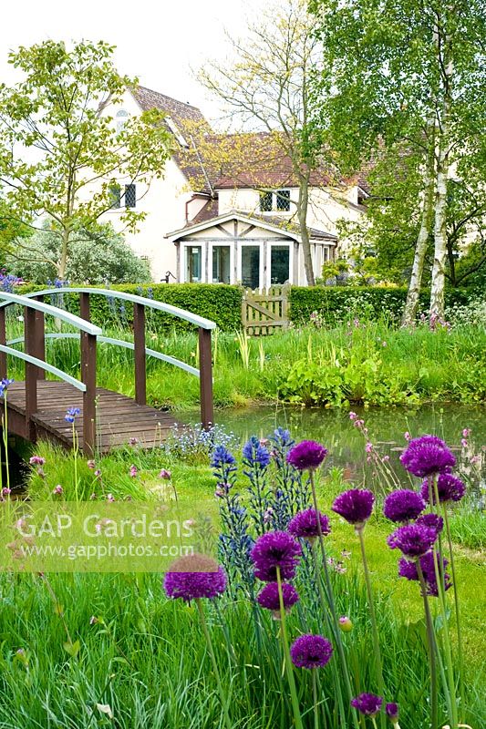 Pont de style Monet avec prairie et maison - Wickets, NGS Essex