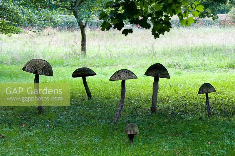 Sculptures en bois de champignon dans le Stumpery, août 2007.