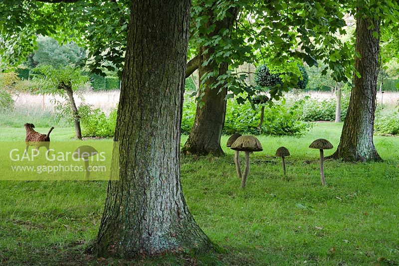 Sculptures de champignons en bois et sculpture de chien en bois dans le Stumpery. Highgrove Garden, août 2007.