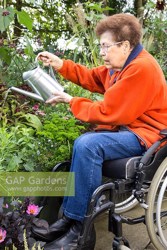 Personnes âgées handicapées femme arrosant un parterre de fleurs surélevé