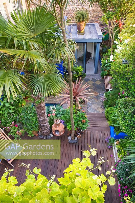 Vue sur petit jardin de ville avec terrasse en bois et bureau de jardin