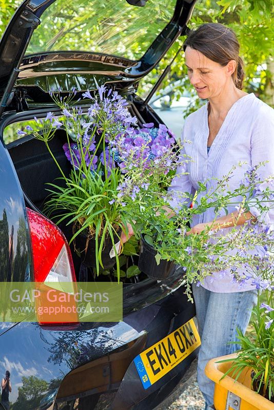 Femme plaçant des plantes achetées dans le coffre de sa voiture