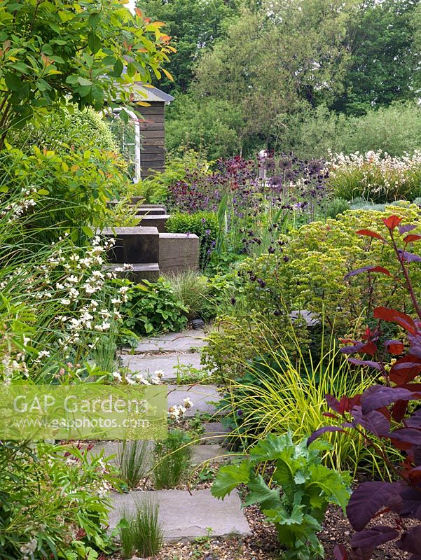 Jardin Riverside par Andy Sturgeon. Le chemin mène au cotinus, au carex, à l'euphorbe, au libertia, à la fraise, à la fétuque bleue et aux cubes de chêne par l'allium rose, l'érysimum, l'aquilegie.