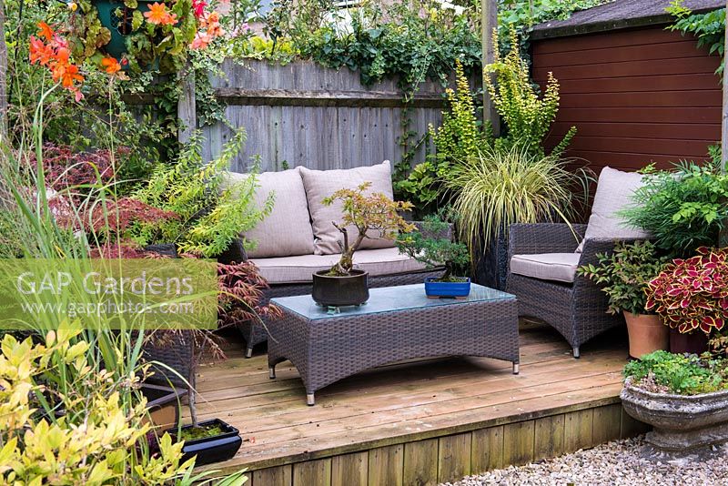 Niché dans un coin calme au fond du jardin, une terrasse en bois surélevée avec des meubles en rotin et des pots en acer, bonsaï, verveine, coleus et herbes ornementales.