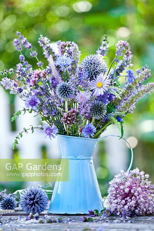 Cruche de fleurs d'été bleues et violettes. Bleuet, Echinops ritro, ciboulette, origan, veronicastrum, ail d'éléphant, lavandula, Verbena bonariensis.