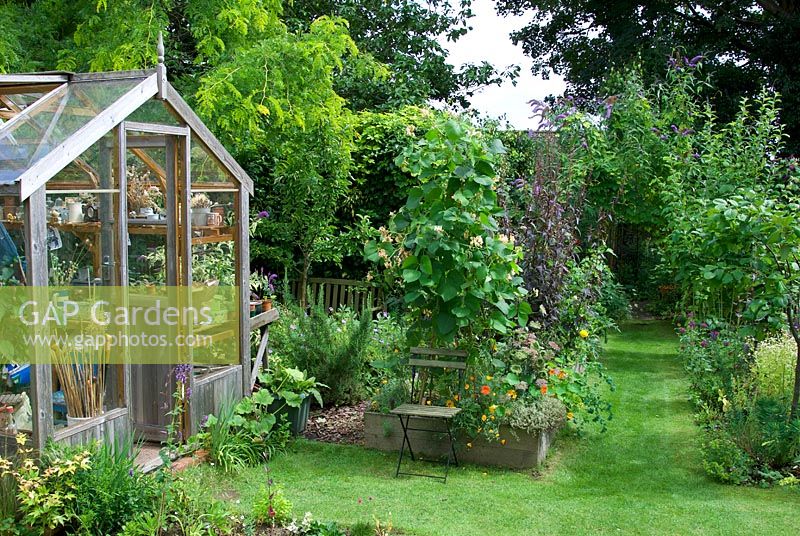 Vue sur le jardin avec serre en bois et bordures de légumes