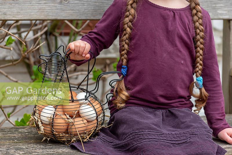 Fille portant un panier rempli d'oeufs de poule dans un jardin.