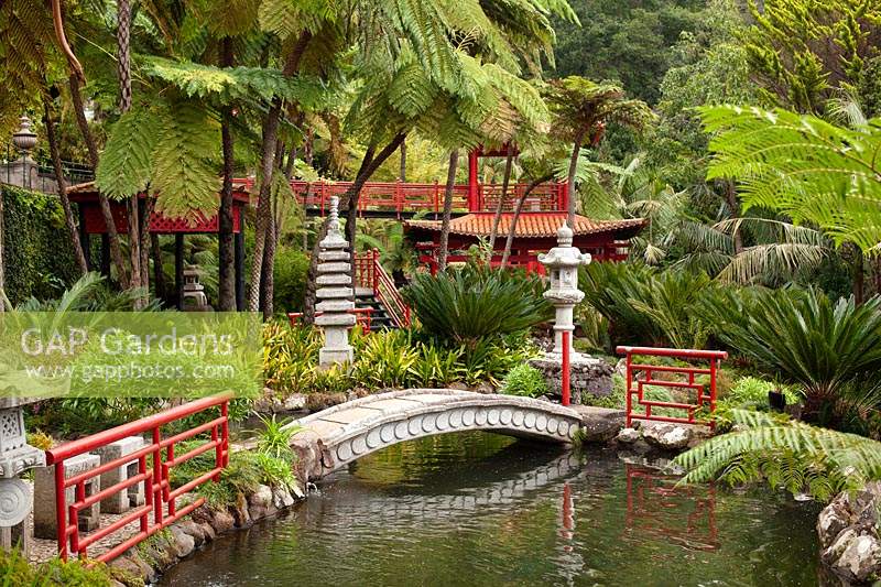 Pont sur la série d'étangs dans le sud du jardin oriental à Monte Palace Tropical Garden