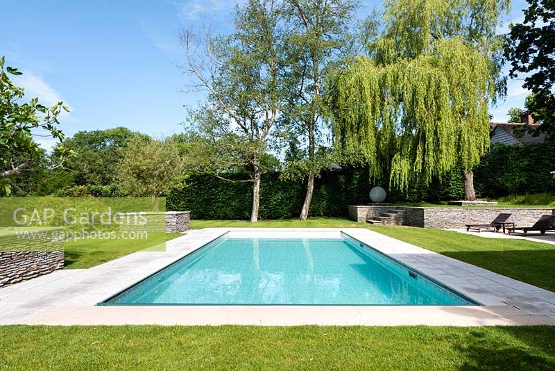 Jardin moderne avec piscine, bord pavé entouré de pelouse