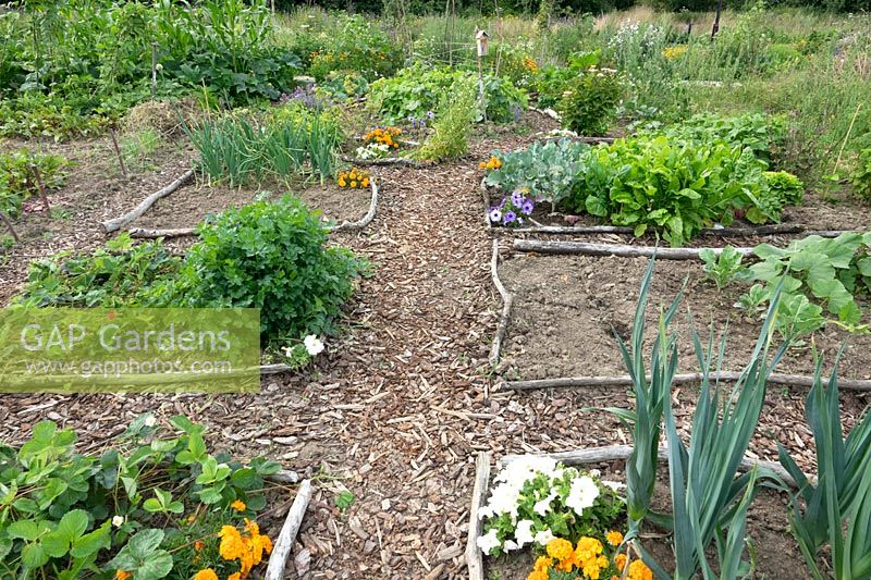 Terrain pour la culture de légumes, de fruits et de fleurs, montrant la disposition des parterres de fleurs avec des branches et des chemins avec des copeaux de bois déchiquetés