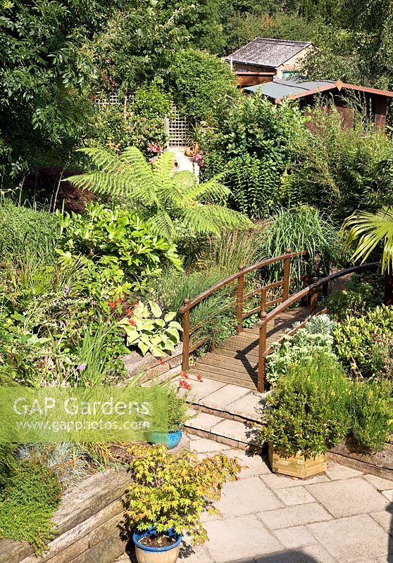 Jardin de banlieue avec pont en bois et plantation de feuillage mixte