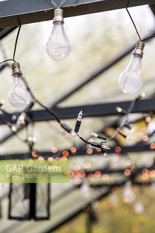 Guirlandes lumineuses et ampoules transparentes suspendues à un toit de serre