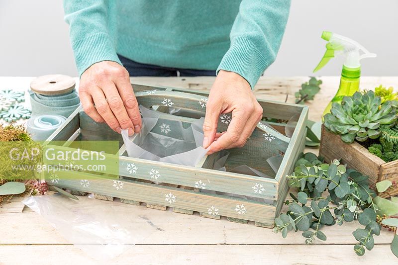 Femme ajoutant une doublure en plastique aux boîtes qui seront plantées de plantes succulentes