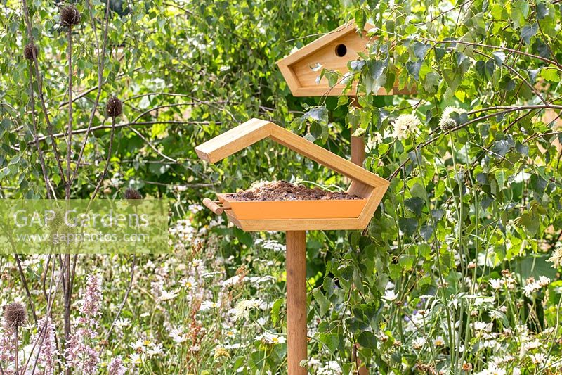 Mangeoire à oiseaux en bois et nichoir sur poteaux en bois dans le jardin de la faune. Springwatch Garden, Exposition florale de Hampton Court, 2019.
