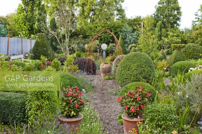 Jardin informel avec Fuchsia 'Thalia' dans des pots, topiaire coupé mélangé, vue le long d'un chemin de gravier jusqu'à l'urne encadrée par une arche rouillée.