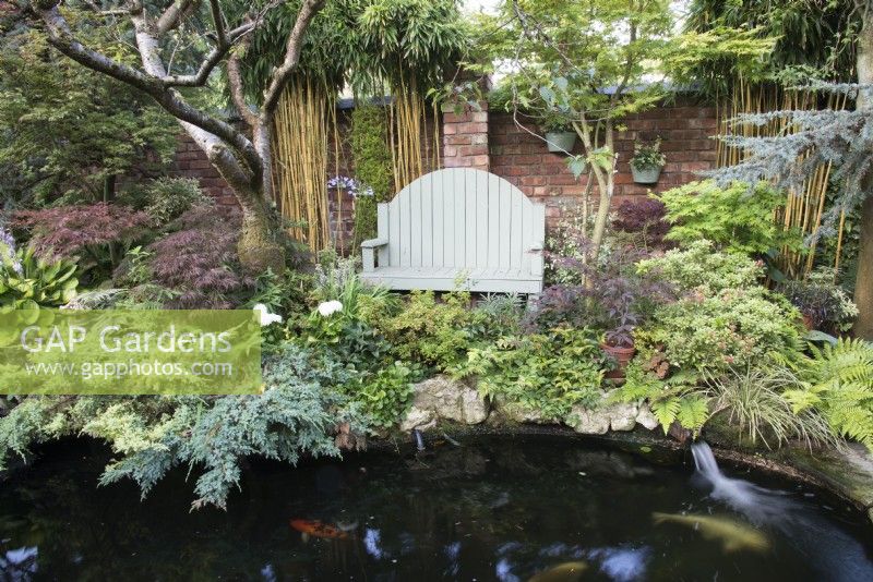 Surplombant un bassin de jardin à banc et parterre ombragé planté de bambous, acers, conifères et fougères
