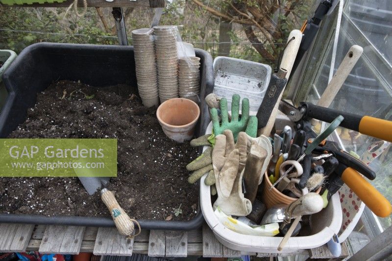Une table de rempotage dans une serre se trouve à côté d'une cuve contenant divers outils de jardinage, notamment un maillet, des cisailles, des ciseaux et plusieurs paires de gants de jardinage. Un paquet de pots écologiques est posé sur la table de rempotage.