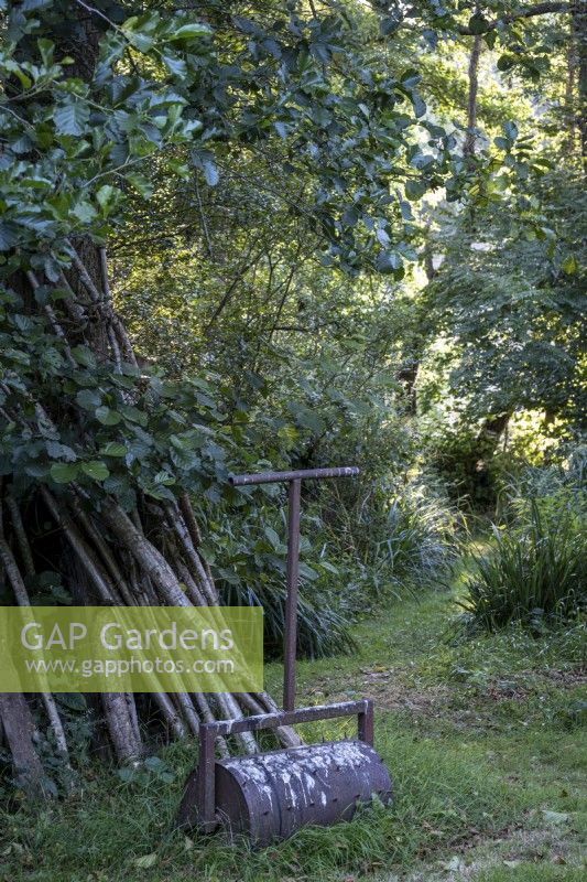 Rouleau à gazon dans un jardin boisé ombragé