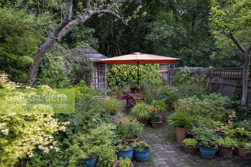Petit jardin de style cottage de ville construit avec la faune à l'esprit, un grand parasol orange fournit de l'ombre