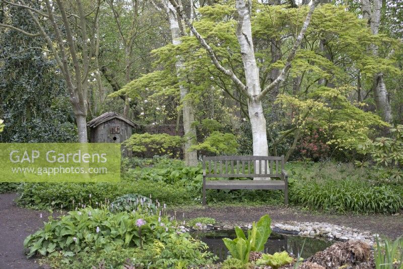 Jardin boisé avec étang à Barnsdale Gardens, avril