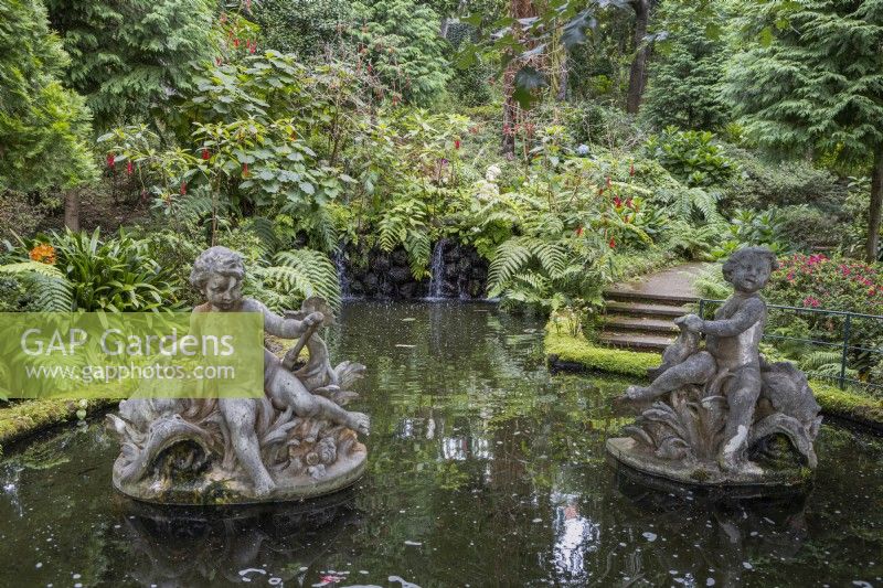 Deux statues figuratives dans un étang, avec de petites cascades en arrière-plan, des marches à droite et une végétation tropicale luxuriante en arrière-plan. Jardins du Monte Palace, Madère 