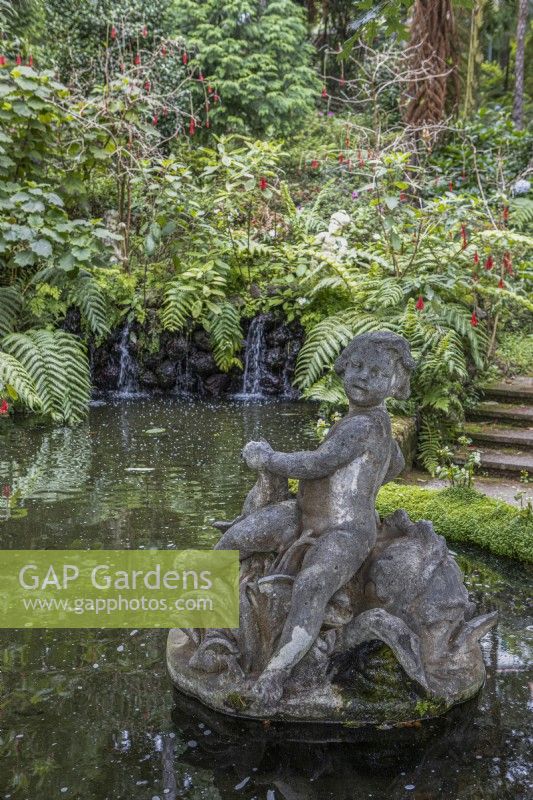 Une statue figurative dans un étang, avec de petites cascades en arrière-plan, des marches à droite et une plantation tropicale luxuriante en arrière-plan. Jardins du Monte Palace, Madère 