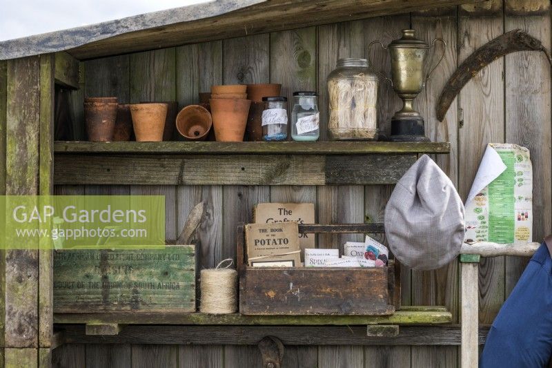 Des boîtes anciennes en bois avec des livres de jardinage vintage, des paquets de graines et des pots en argile, de la ficelle de jardin et des bocaux se trouvent sur des étagères dans un hangar en bois 