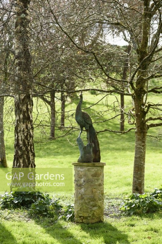 Statue d'un paon dans un jardin printanier 