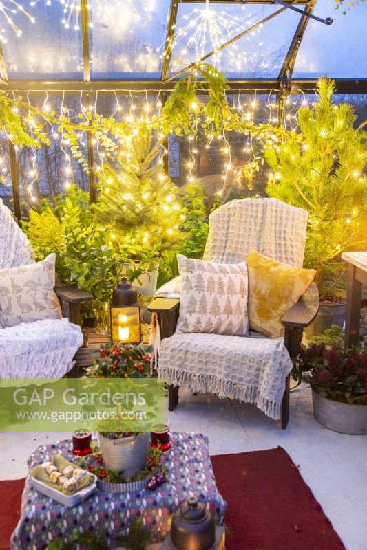 Chaises en plastique recyclé avec couvertures et coussins dans une serre décorée de plantes mélangées et de guirlandes lumineuses 