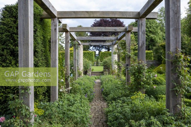 A large wooden pergola over a paved path edged with Geraniums