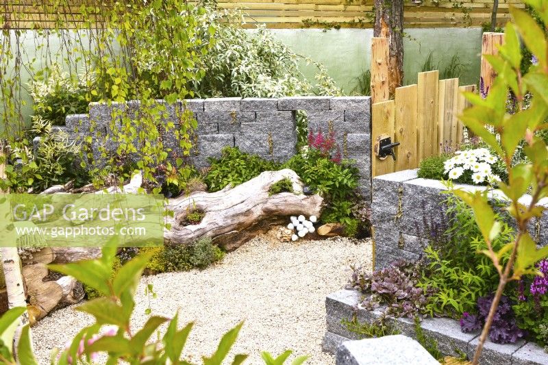 A woodland inspired garden with a large tree stump lying on a gravel surface used as a flowerbed and seating area next to a decorative Connemara wall system. Planted with  perennials. June



 