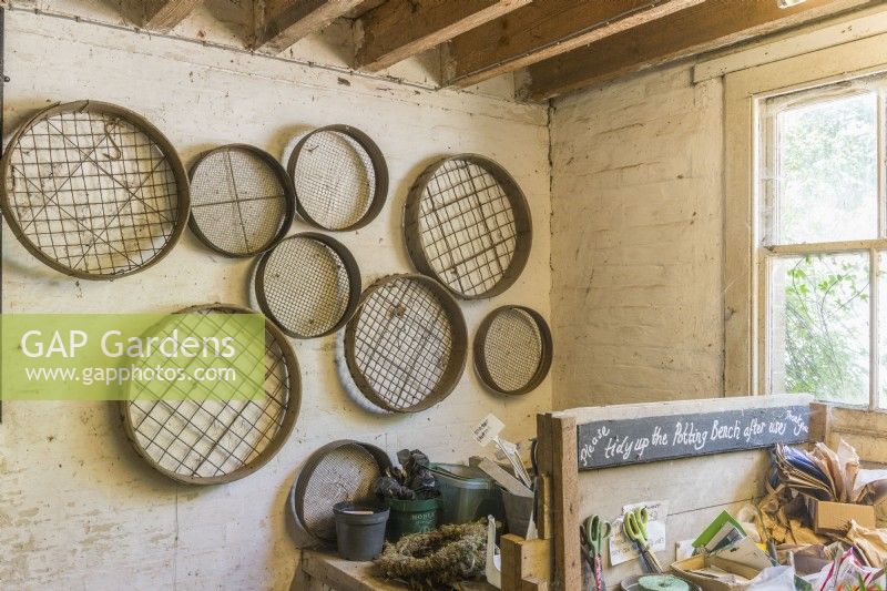 Collection de tamis de jardin vintage et d'énigmes accrochés au mur à côté d'une table d'empotage. 