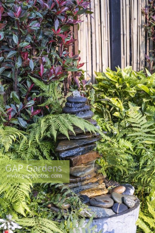  Slate water fountain surrounded by fern leaves