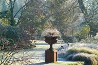 Urne en terre cuite sur un socle un matin d'hiver glacial dans le jardin de John Massey. Carex comans 'Forme bronze '. Parterre de fleurs, pelouse et arbres au-delà.