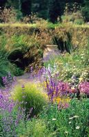 Jardin sec avec Nepeta, Stipa gigantea, Allium, Potentilla et stachys - Cambridge University Botanic Gardens