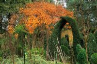 Jardin Priona en automne avec topiaire sculptural inspiré par Henry Moore