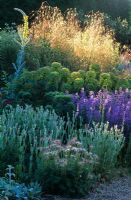 Le jardin de gravier sec à la fin du printemps à Beth Chatto's Garden, Essex. Plantation mixte de plantes vivaces dont Pulsatilla, Nepeta, Euphorbia, Verbascum et Stipa gigantea