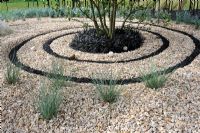 Spirale de basalte noir concassé dans un jardin de gravier avec Ophiophogon au centre - RHS Tatton Park Flower Show