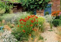 Jardin de gravier à la fin de l'été avec vivaces et graminées - Helenium, Eryngium et Euphorbia