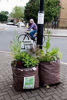 Jardin Pop-up Mildmay, deux sacs de constructeurs pleins de plantes avec panneau de verdissement urbain et bus qui passe, Islington - Chelsea Fringe Festival, Londres 2012