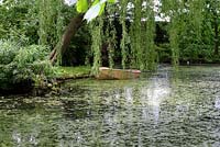 Vue depuis la véranda d'un vieux bateau à rames en bois dans l'étang, à l'ombre d'un saule pleureur - Sallowfield Cottage B