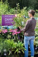 Clientèle féminine parcourant les plantes sur le thème de l'ombre humide dans une jardinerie.