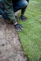 À l'aide de sécateurs pour couper le gazon autour du bord du patio en brique pour une nouvelle pelouse dans le jardin arrière de Londres