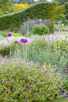 Le parterre de fleurs herbacées au premier plan présente des plantes dont: géraniums, alliums, Phlomis russeliana, Lychnis coronaria, Agastache et Stipa. Bluebell Cottage Gardens, Cheshire.